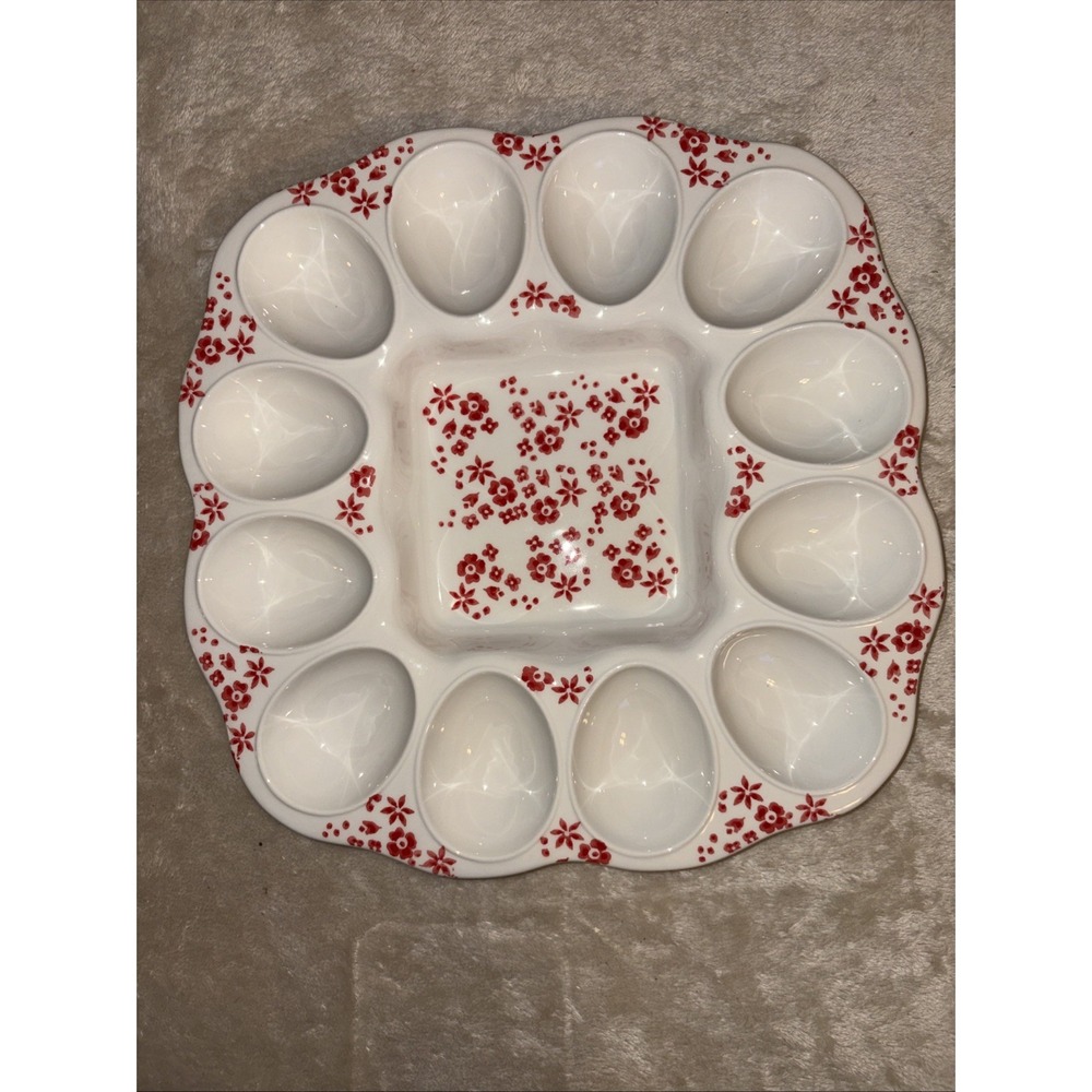 FARVAL Large Egg Dish 12 Deviled Eggs Plater Hand Painted Portugal Red Floral